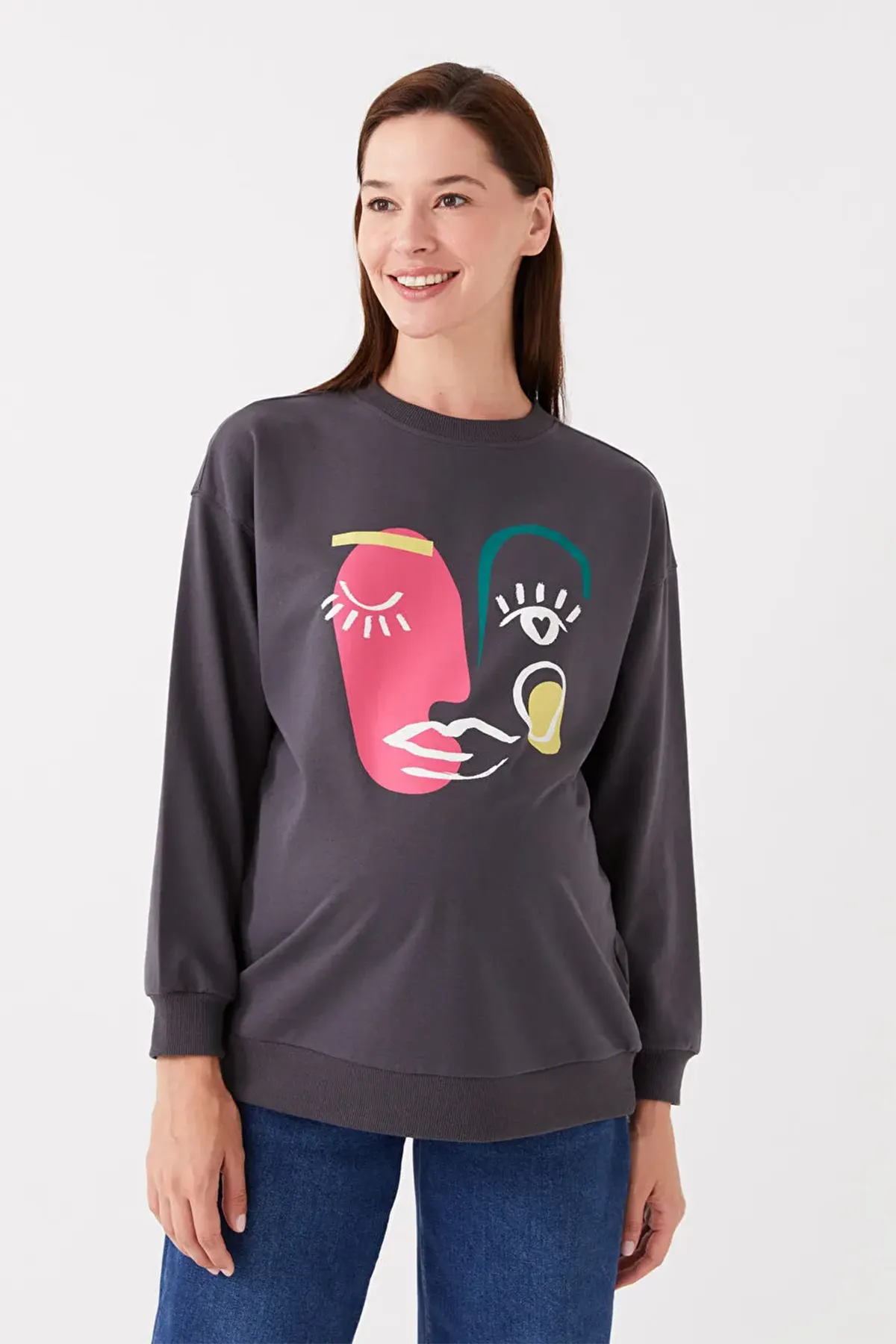 Crew Neck Printed Oversized Maternity Sweatshirt Anthracite - 8492