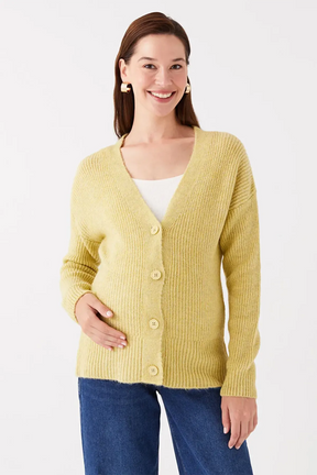 V-Neck Plain Maternity Knitted Cardigan Yellow - 8539