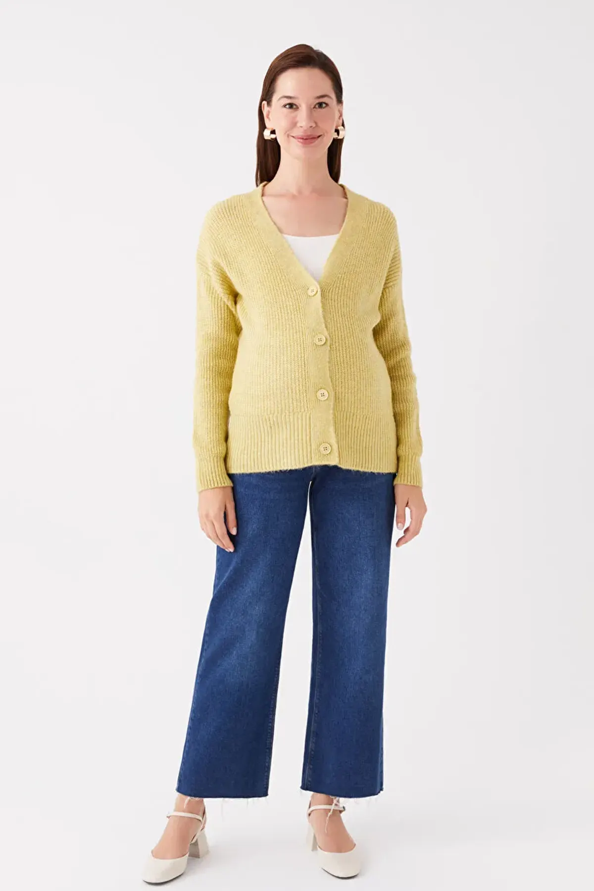 V-Neck Plain Maternity Knitted Cardigan Yellow - 8539