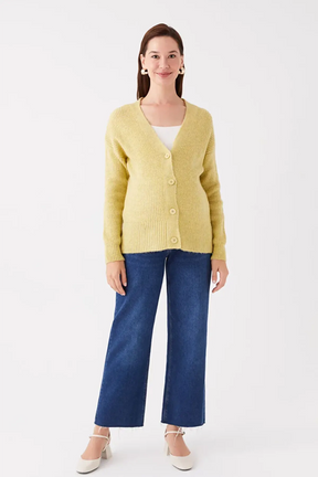 V-Neck Plain Maternity Knitted Cardigan Yellow - 8539