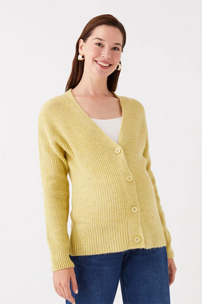 V-Neck Plain Maternity Knitted Cardigan Yellow - 8539