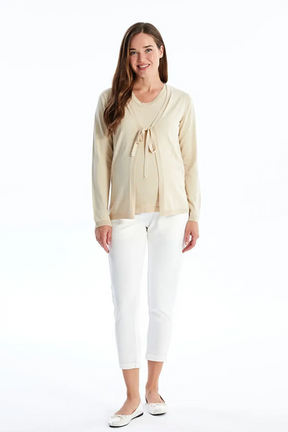 V-Neck Straight Maternity Knit Cardigan & Sweater Set Beige - 8540