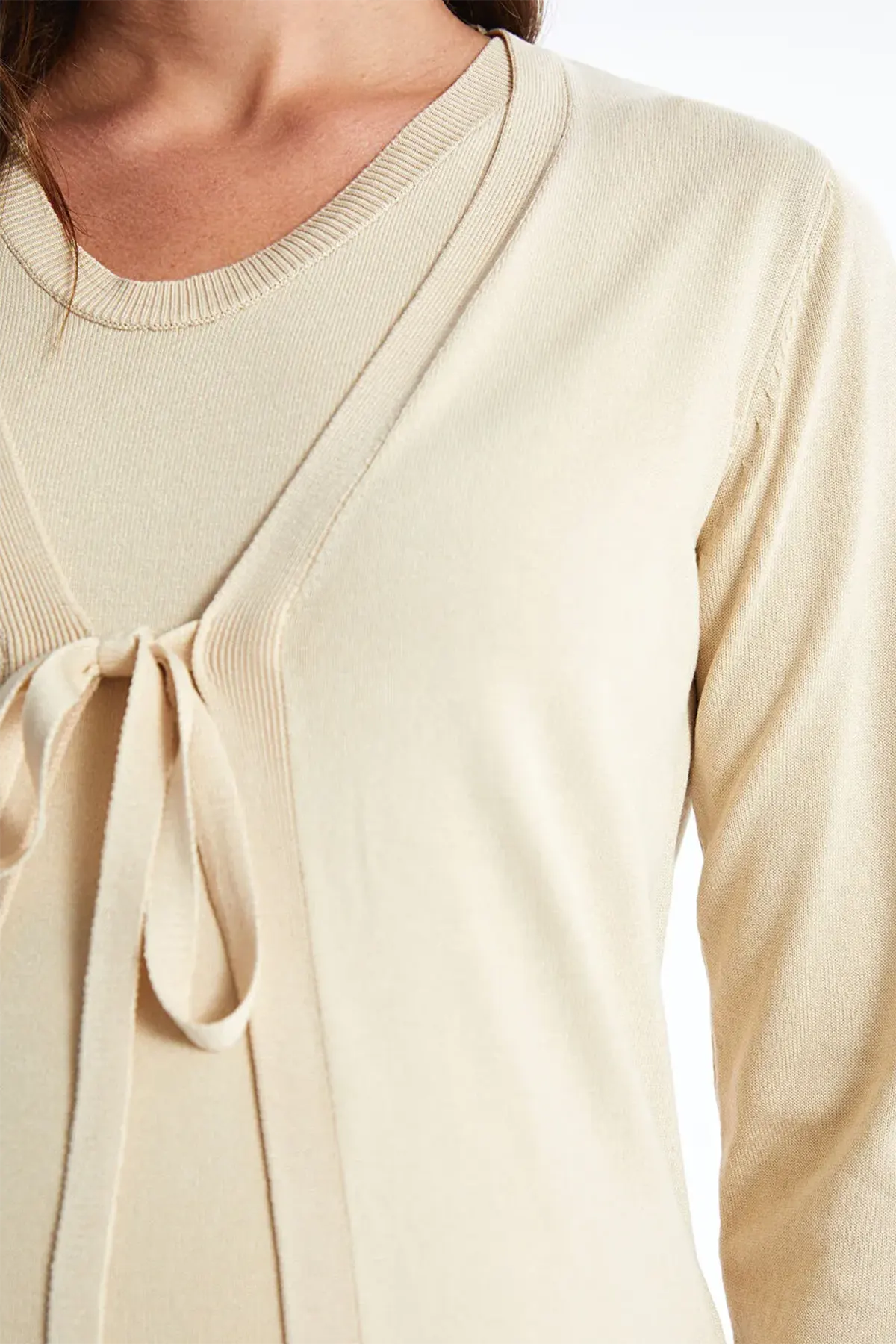 V-Neck Straight Maternity Knit Cardigan & Sweater Set Beige - 8540