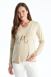 V-Neck Straight Maternity Knit Cardigan & Sweater Set Beige - 8540