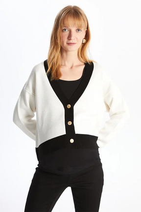 V-Neck Straight Oversized Maternity Knit Cardigan Ecru - 8564