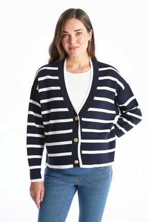 V-Neck Striped Maternity Knit Cardigan Navy Blue - 8567