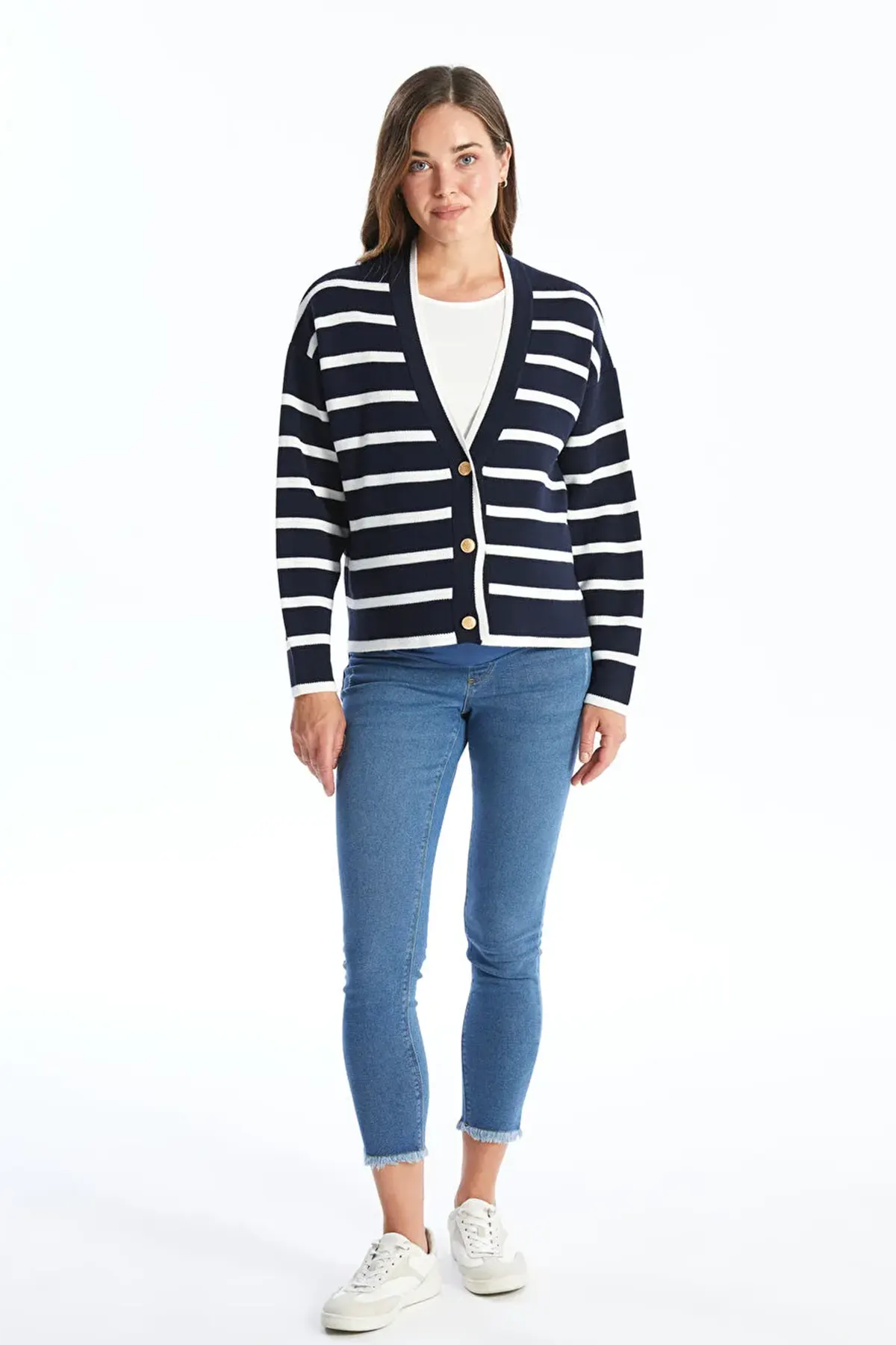 V-Neck Striped Maternity Knit Cardigan Navy Blue - 8567