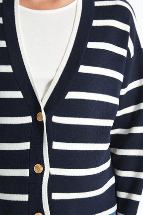 V-Neck Striped Maternity Knit Cardigan Navy Blue - 8567