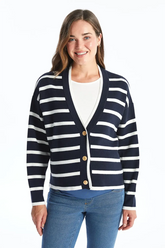 V-Neck Striped Maternity Knit Cardigan Navy Blue - 8567