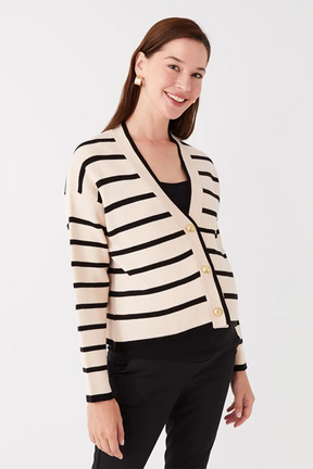 V-Neck Striped Maternity Knit Cardigan Black - 8587