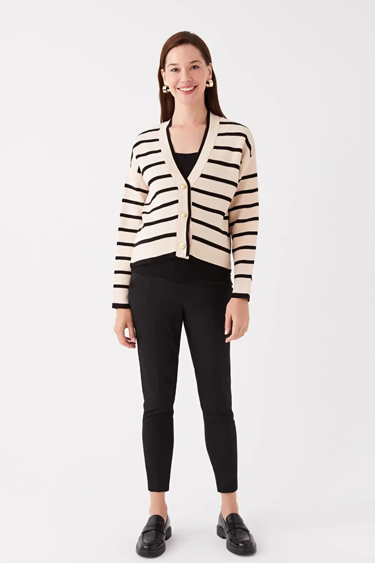 V-Neck Striped Maternity Knit Cardigan Black - 8587