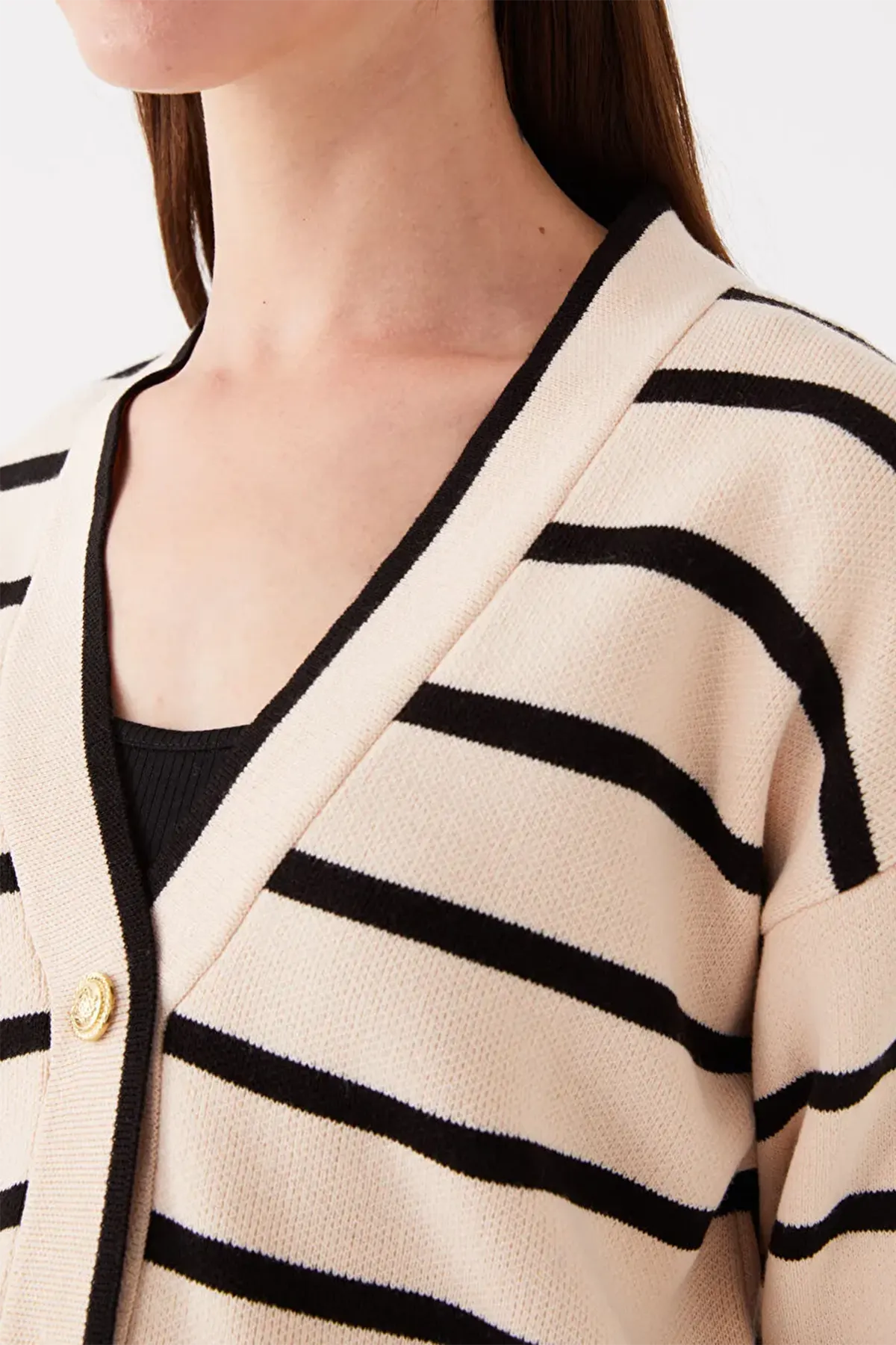 V-Neck Striped Maternity Knit Cardigan Black - 8587