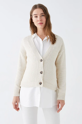 V-Neck Plain Maternity Knit Cardigan Ecru - 8594