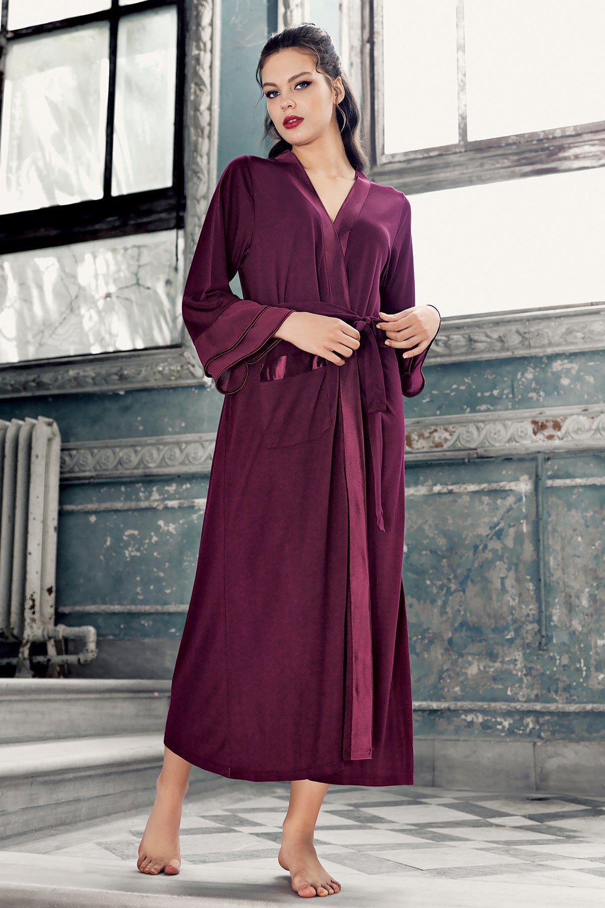 Satin Bias Maternity Robe Plum - 8600