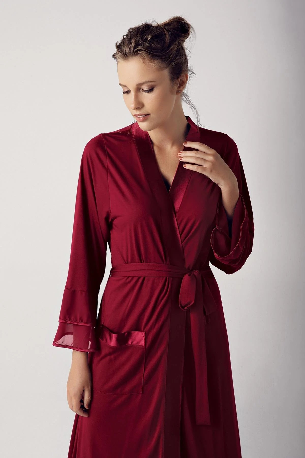 Satin Bias Maternity Robe Claret Red - 8600