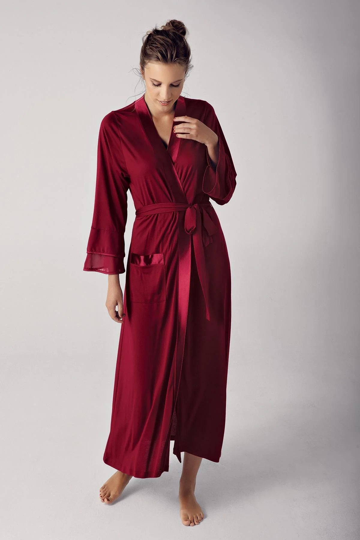 Satin Bias Maternity Robe Claret Red - 8600