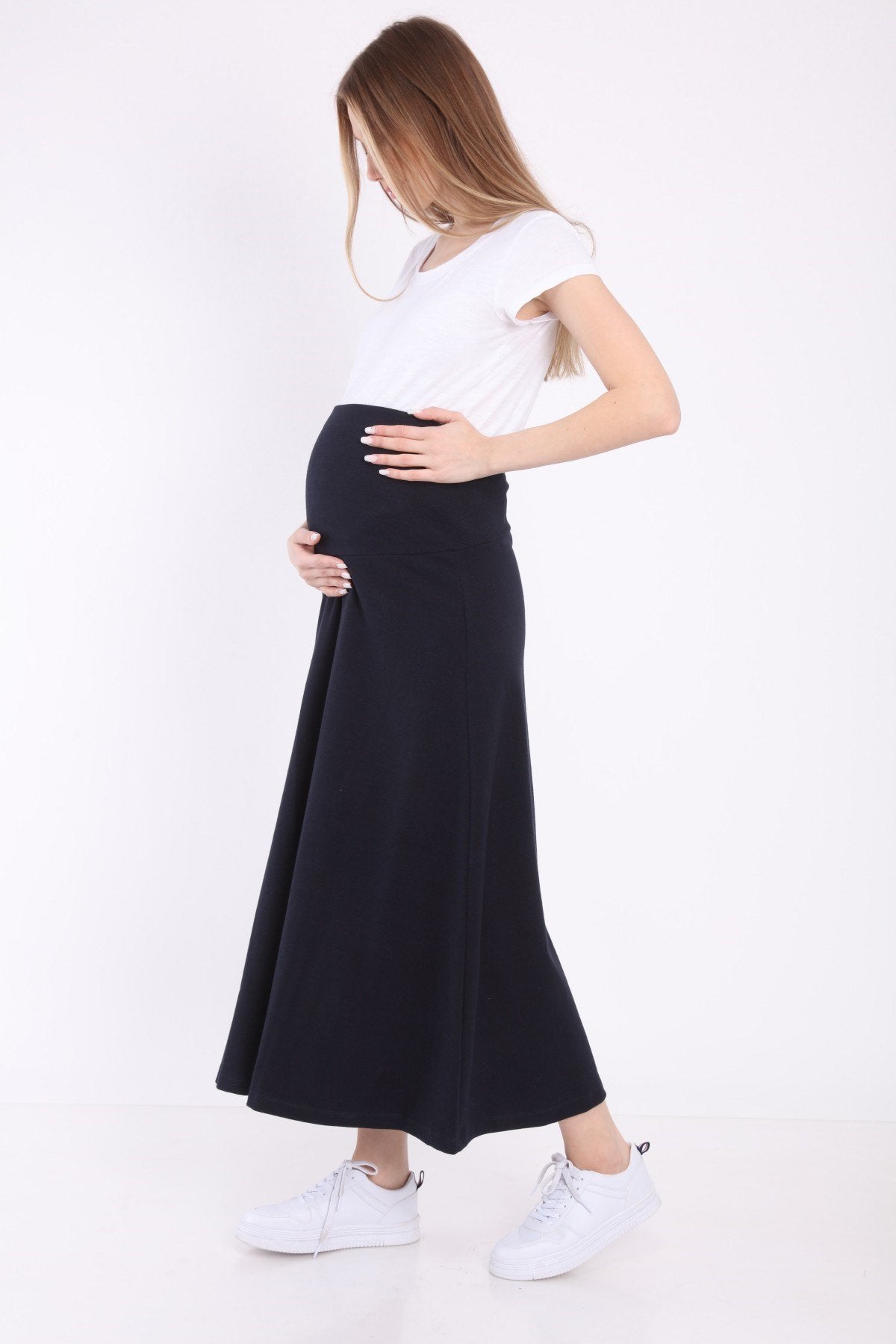 Adjustable Waist Cotton Maternity Skirt Navy Blue - ES9032