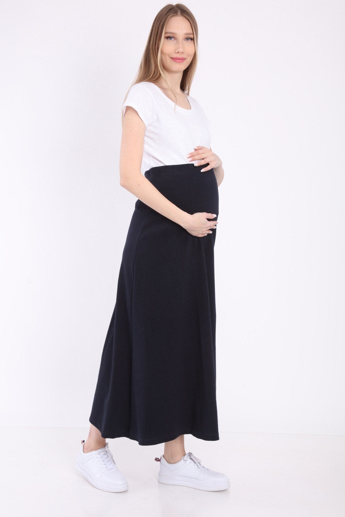 Adjustable Waist Cotton Maternity Skirt Navy Blue - ES9032