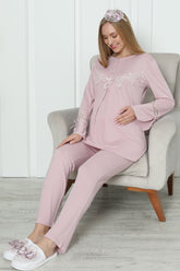 Lace Sleeve Maternity & Nursing Pajamas Dried Rose - 1170