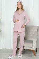Lace Collar Maternity & Nursing Pajamas Dried Rose - 1169