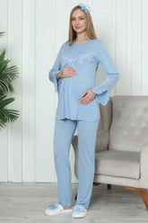 Lace Sleeve Maternity & Nursing Pajamas Blue - 1170