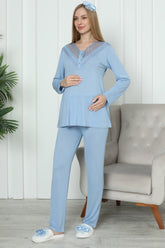 Lace Collar Maternity & Nursing Pajamas Blue - 1169