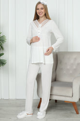 Lace Collar Maternity & Nursing Pajamas Ecru - 1169