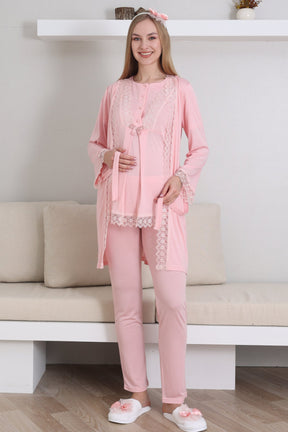 Lace Embroidered 3-Piece Maternity-Nursing Pajama & Robe Set Salmon - 3430