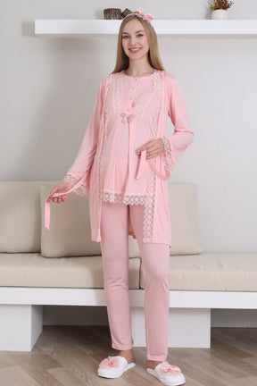 Lace Embroidered 3-Piece Maternity-Nursing Pajama & Robe Set Salmon - 3430