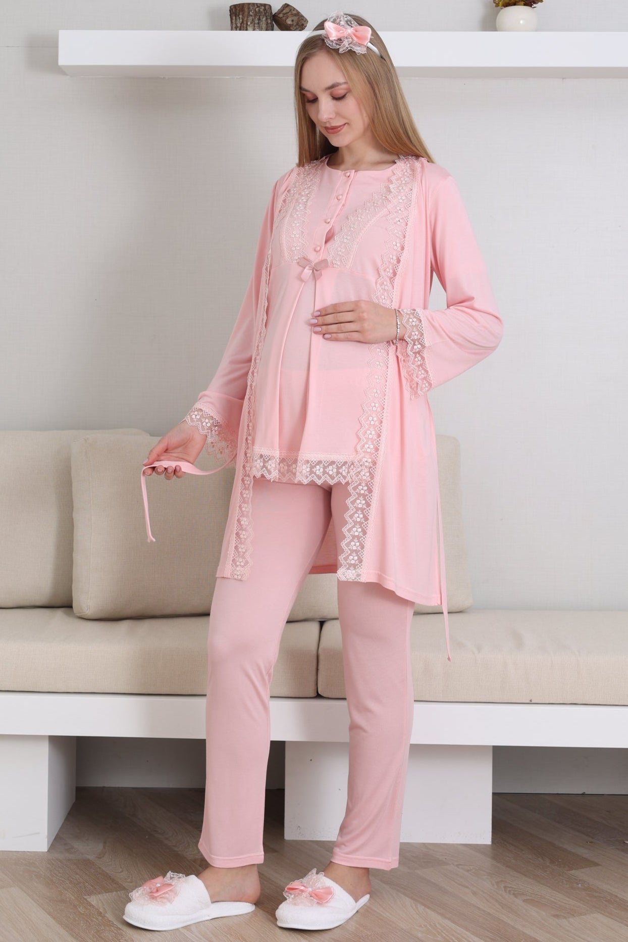 Lace Embroidered 3-Piece Maternity-Nursing Pajama & Robe Set Salmon - 3430