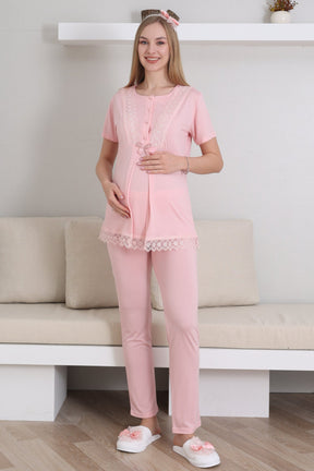 Lace Embroidered 3-Piece Maternity-Nursing Pajama & Robe Set Salmon - 3430