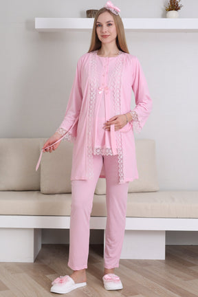 Lace Embroidered 3-Piece Maternity-Nursing Pajama & Robe Set Pink - 3430