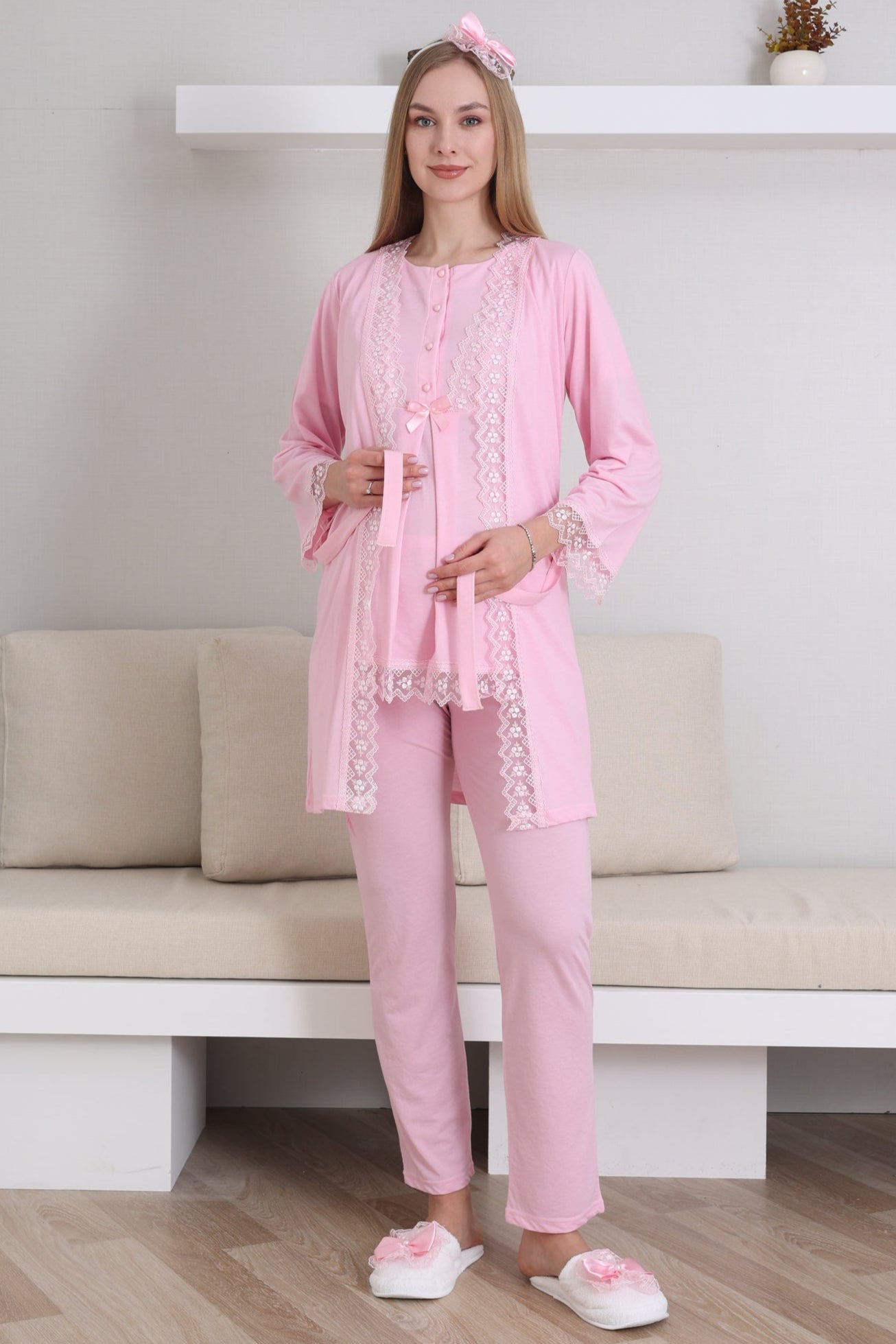 Lace Embroidered 3-Piece Maternity-Nursing Pajama & Robe Set Pink - 3430