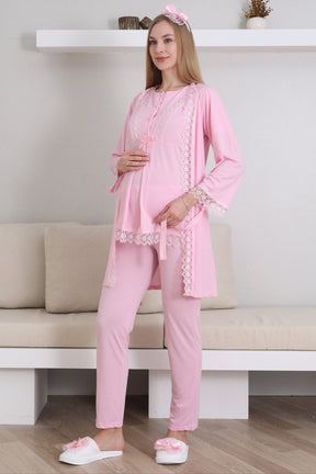 Lace Embroidered 3-Piece Maternity-Nursing Pajama & Robe Set Pink - 3430