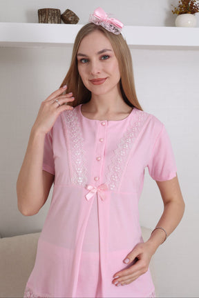 Lace Embroidered 3-Piece Maternity-Nursing Pajama & Robe Set Pink - 3430