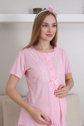 Lace Embroidered 3-Piece Maternity-Nursing Pajama & Robe Set Pink - 3430