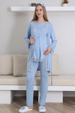 Lace Embroidered 3-Piece Maternity-Nursing Pajama & Robe Set Blue - 3430