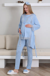 Lace Embroidered 3-Piece Maternity-Nursing Pajama & Robe Set Blue - 3430