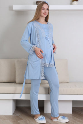 Lace Embroidered 3-Piece Maternity-Nursing Pajama & Robe Set Blue - 3430