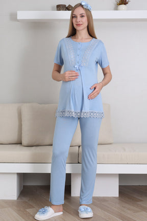 Lace Embroidered 3-Piece Maternity-Nursing Pajama & Robe Set Blue - 3430