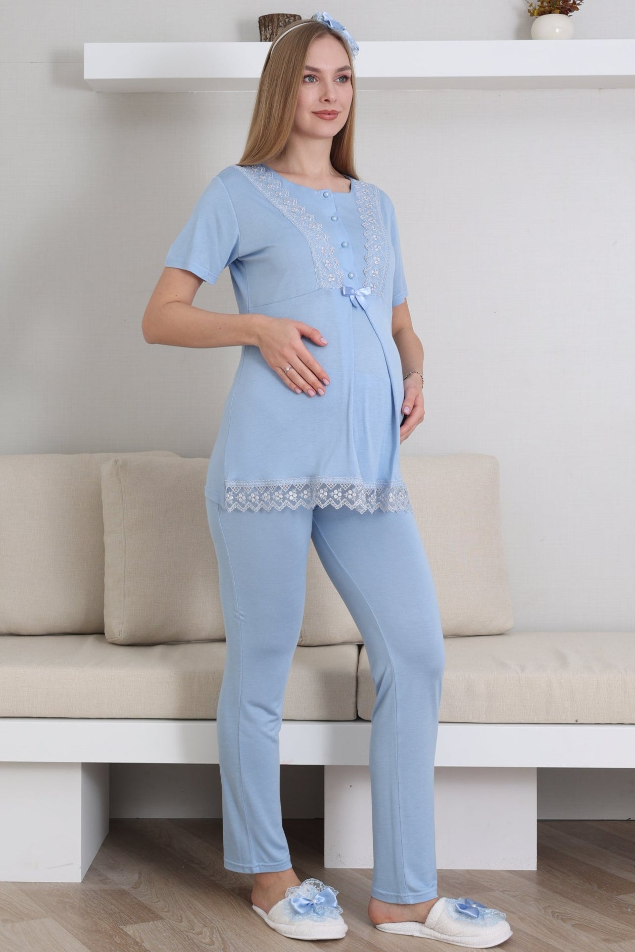 Lace Embroidered 3-Piece Maternity-Nursing Pajama & Robe Set Blue - 3430