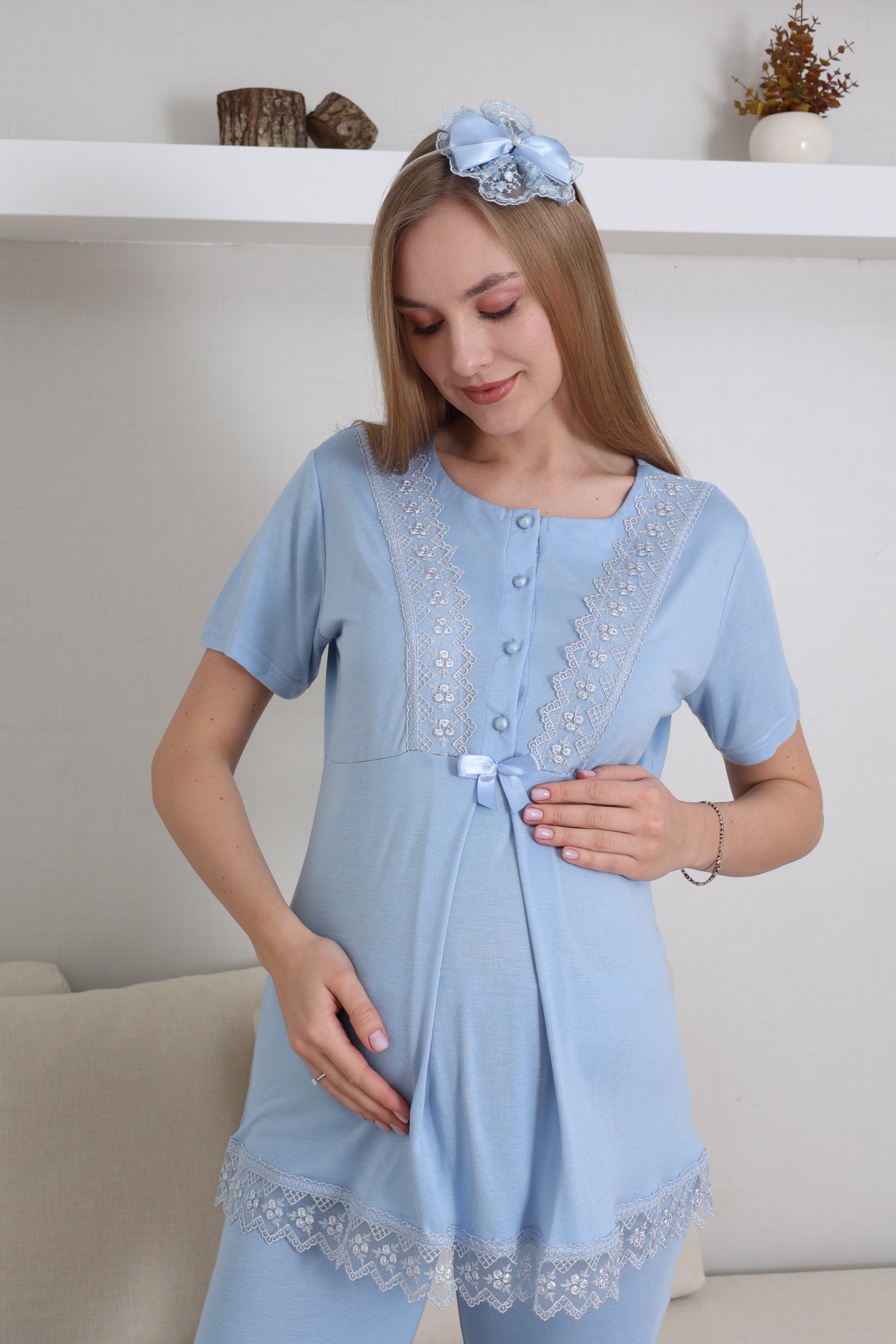 Lace Embroidered 3-Piece Maternity-Nursing Pajama & Robe Set Blue - 3430