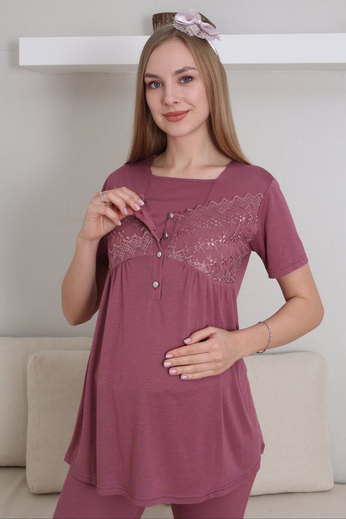 Lace Collar and Sleeve 3-Piece Maternity-Nursing Pajama & Robe Set Cherry - 3431