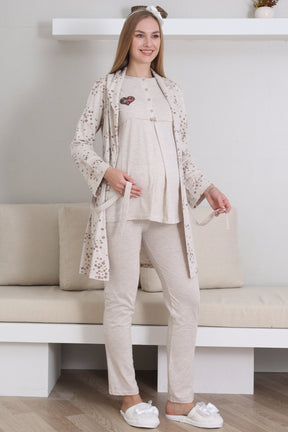 Baby Patterned 3-Piece Maternity-Nursing Pajama & Robe Set Mink - 3432