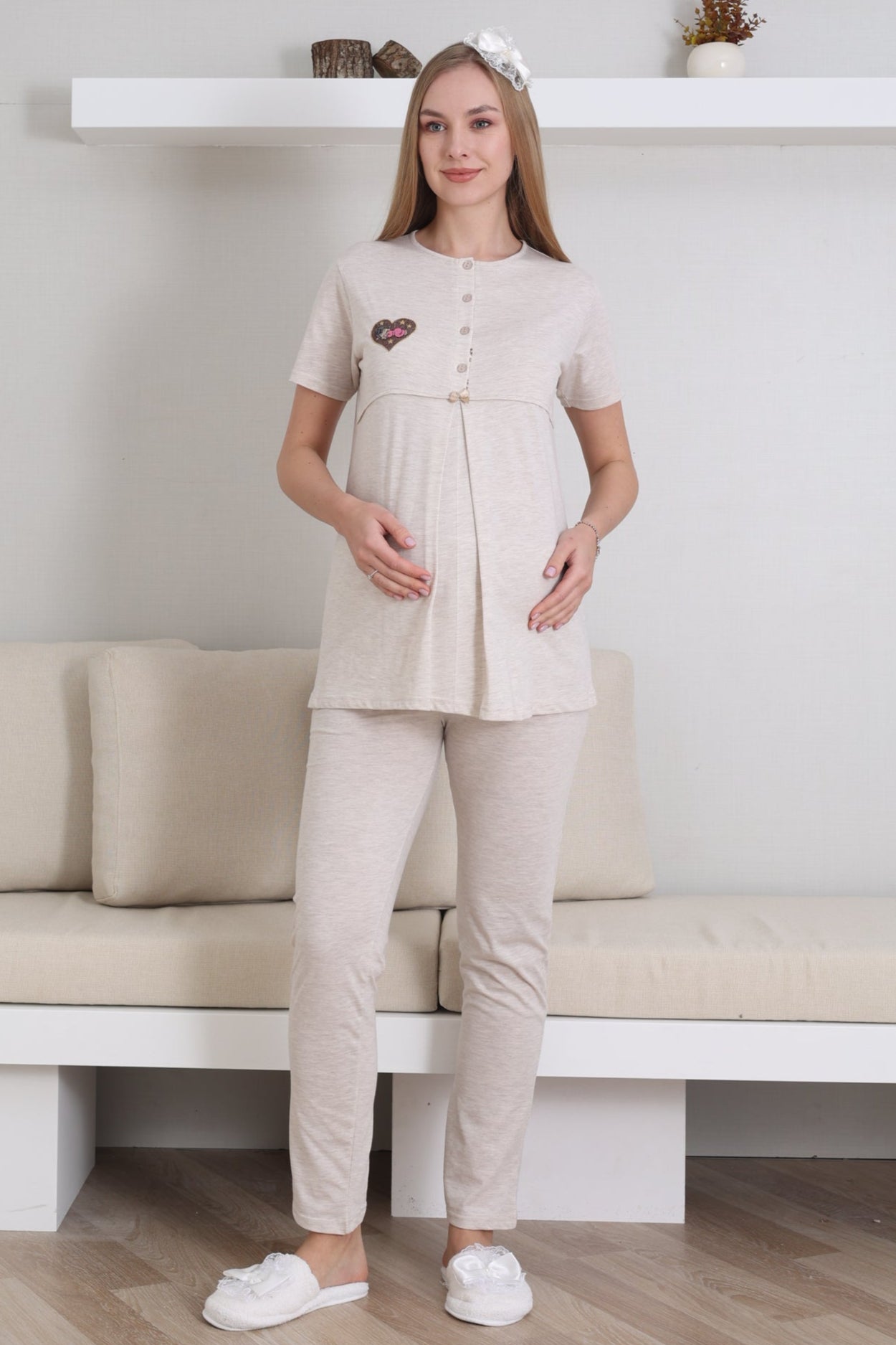 Baby Patterned 3-Piece Maternity-Nursing Pajama & Robe Set Mink - 3432