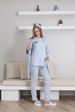 Baby Patterned 3-Piece Maternity-Nursing Pajama & Robe Set Blue - 3432