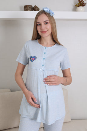 Baby Patterned 3-Piece Maternity-Nursing Pajama & Robe Set Blue - 3432