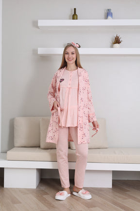 Baby Patterned 3-Piece Maternity-Nursing Pajama & Robe Set Salmon - 3432