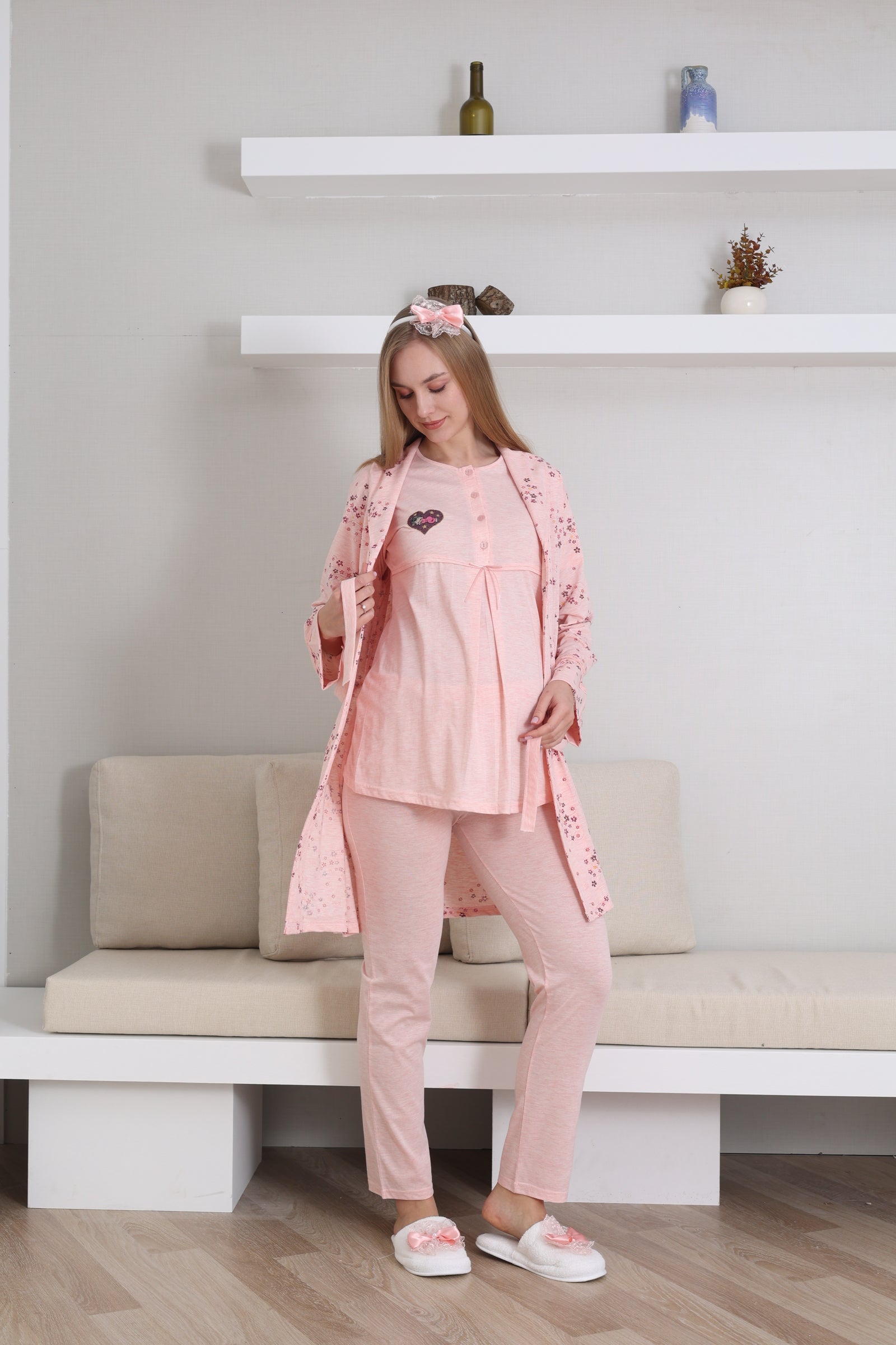 Baby Patterned 3-Piece Maternity-Nursing Pajama & Robe Set Salmon - 3432