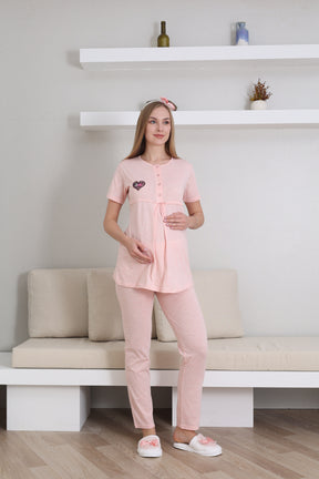 Baby Patterned 3-Piece Maternity-Nursing Pajama & Robe Set Salmon - 3432